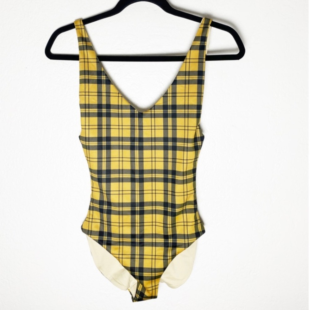 Londre Women’s Gold Mustard Yellow Black Plaid Tartan One-Piece Swimsuit XS NWT